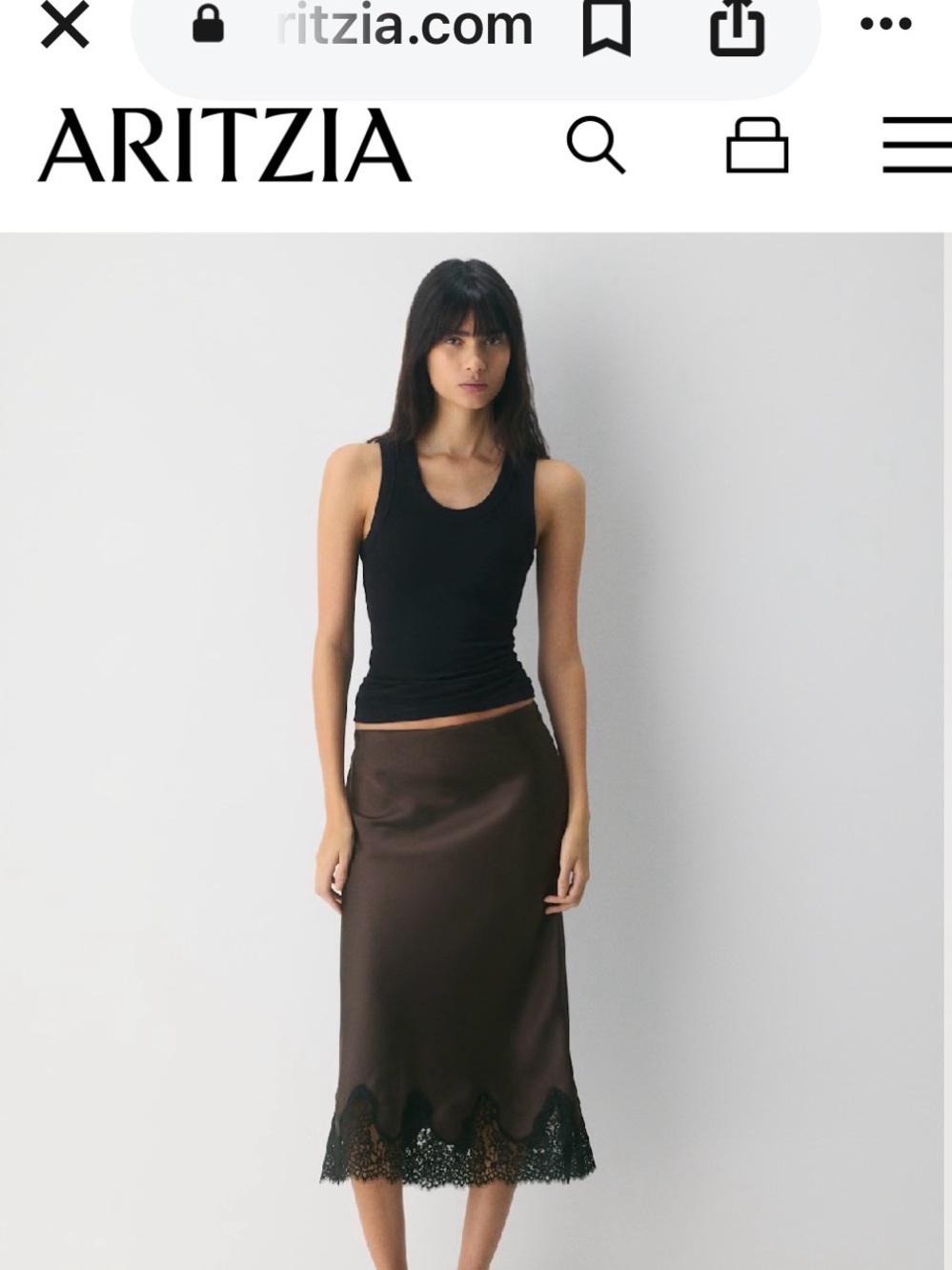 Aritzia Brown Henrietta Satin Lace-Trim Midi Skirt Large NWOT